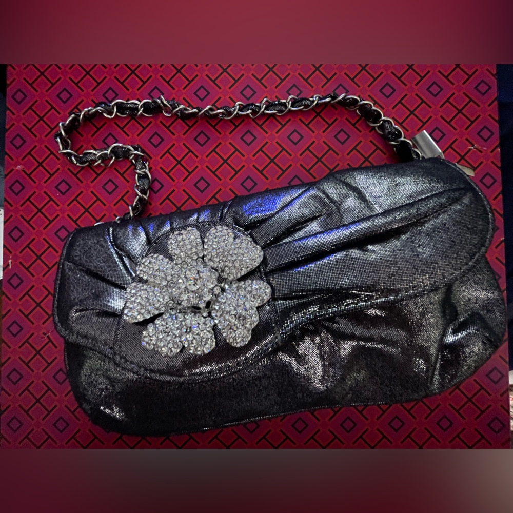 Black Satin Clutch with Rhinestone Flower